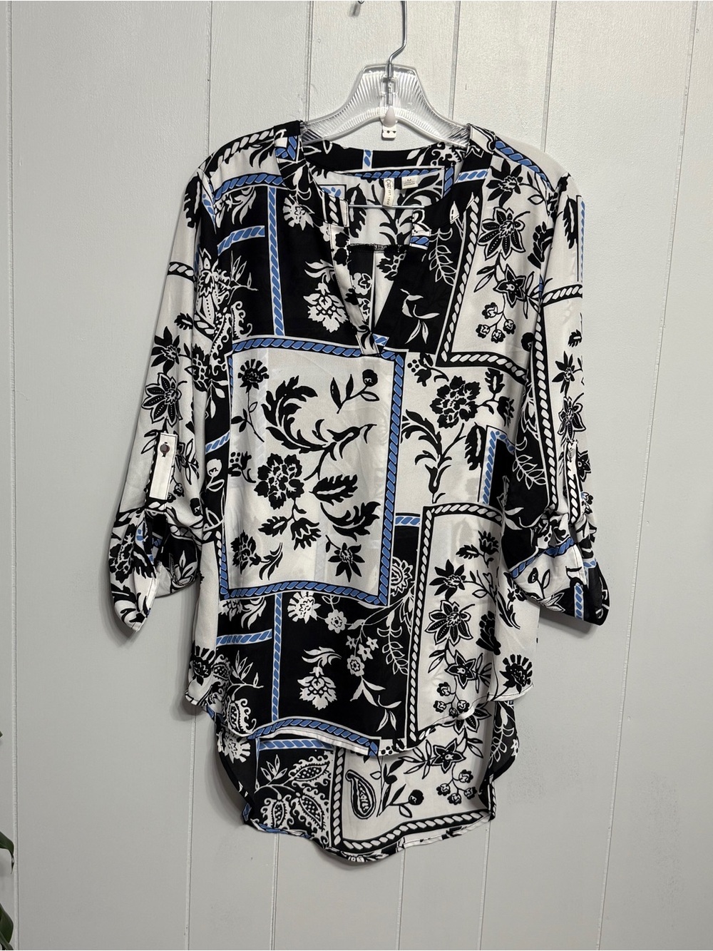 #19)  Cato Black, White & Blue Patchwork Floral Tunic